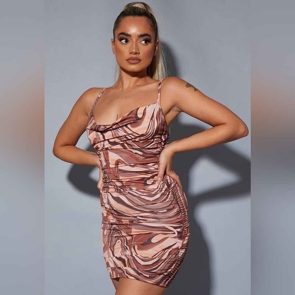 New Misguided Marble Print Cowl Neck Cami Satin Mini Dress US Size 6